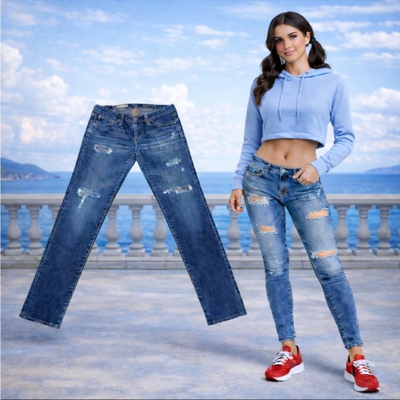 AG 27x31 The Stilt Cigarette Low Rise Distressed Stretch Jeans EUC